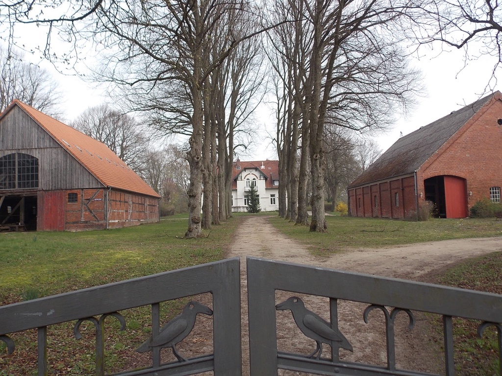 Gut Dorotheenhof es führt ein Weg durch ein Tor, entlang einer Allee, mit jeweils einem Stallgebäude links und rechts, auf ein weißes Wohnhaus zu.